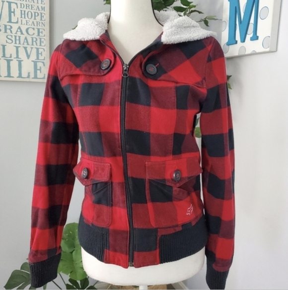 Fox Jackets & Blazers - EUC Y2K FOX racing Red and Black Plaid Zip-Up Jacket